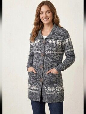 Gray Fair Isle Long Button Cardigan Sweater